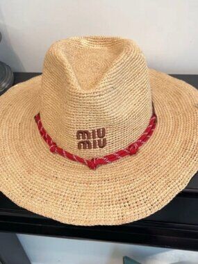 Miu Miu Beige Straw Hat with Red Trim